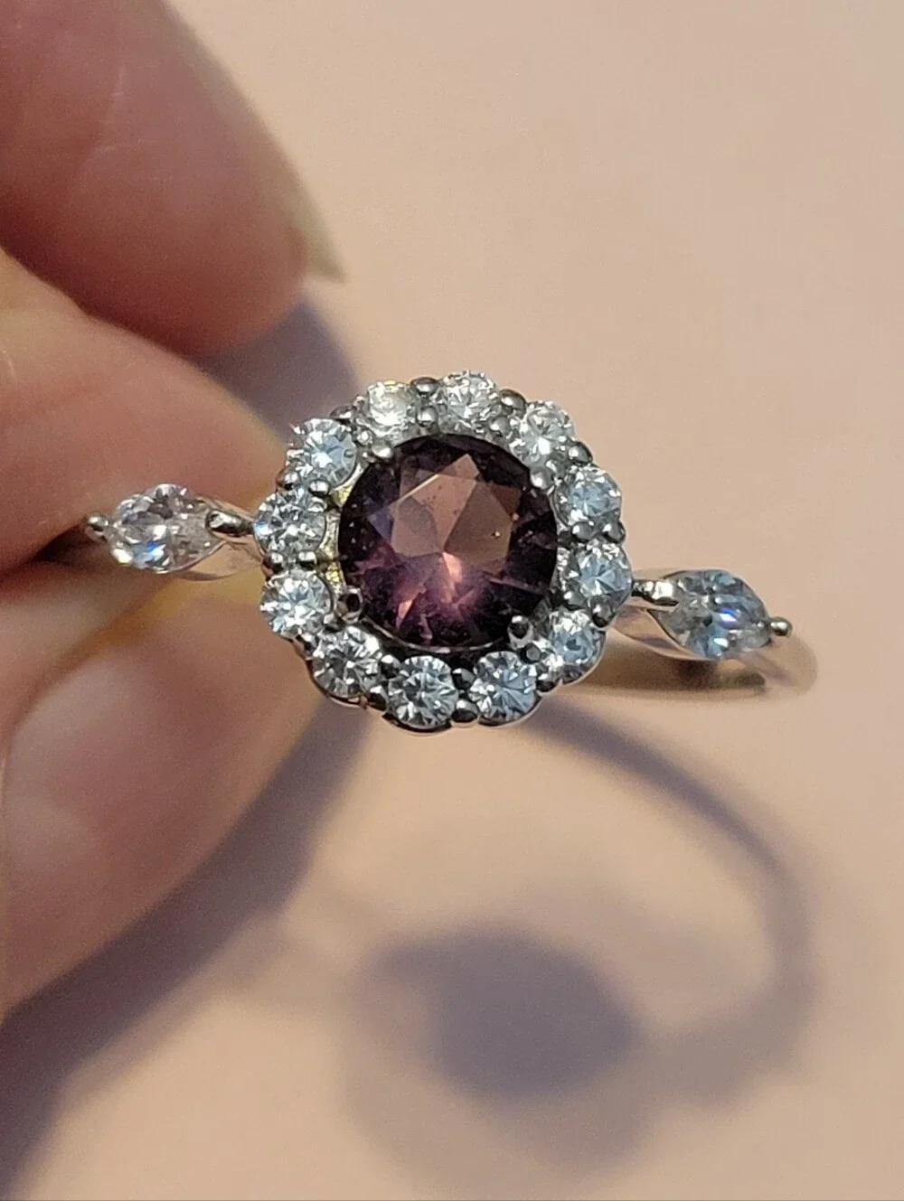 Silver 925  Ring with Purple Center Stone and Halo of Clear Stones